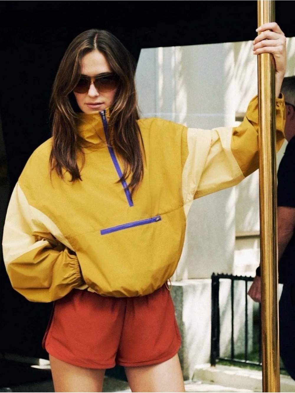 Colorblock Mustard Yellow Pullover Bomber Jacket with Cream Accents